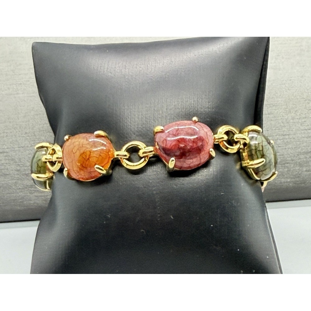 Liz Claiborne Acrylic Bracelet Gold Tone Link Multicolor Cabochon Chunky Vintage - Picture 13 of 13